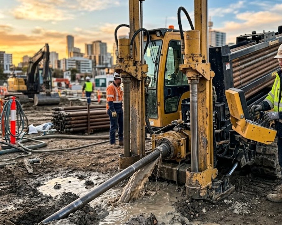 Directional drilling in Deming, NM — close-up of directional boring machine inserting drill pipe into entry pit with drilling fluid