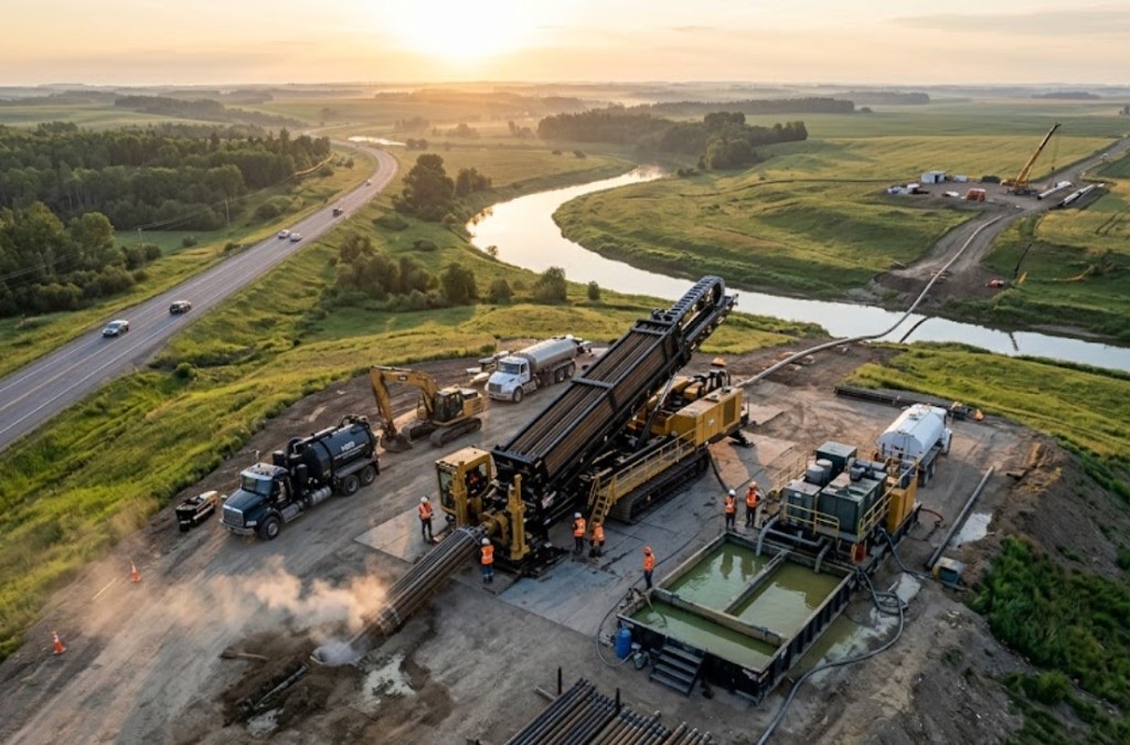 Directional drilling in Las Cruces, NM — directional drilling rig with mud mixing system and crew on active New Mexico bore site