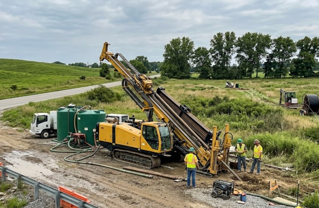 Directional drilling in Clovis, NM — orange directional drilling rig with conduit spool and crew on rural New Mexico bore site