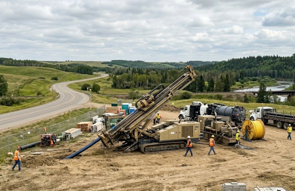 Directional drilling and directional boring in New Mexico — yellow HDD rig and crew performing directional drilling on a rural New Mexico utility job site