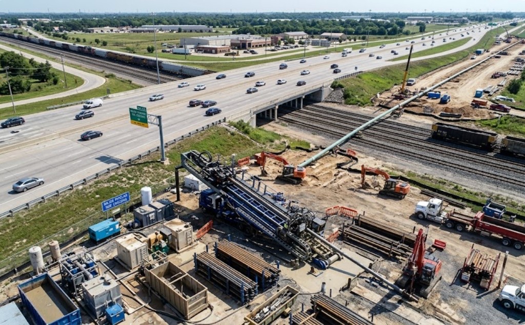 New Mexico long span HDD crossing specialists boring under highway bridge and railroad with aerial view of rig and crew